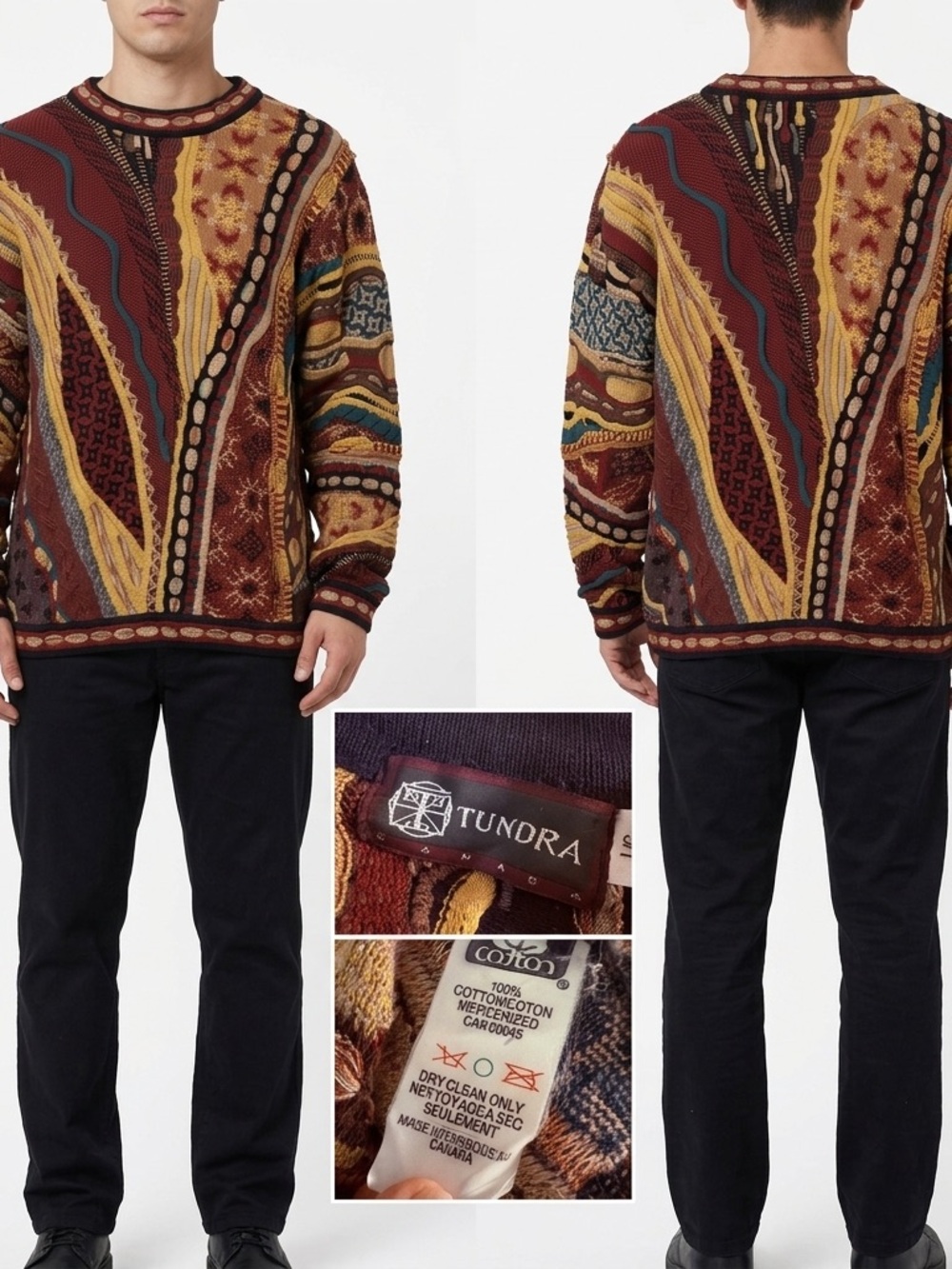 VTG Tundra Canada 3D Knit Mercerized Cotton Sweater Men’s L Coogi Style